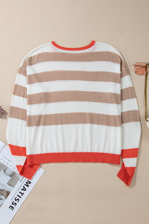 Apricot Colorblock Striped Round Neck Drop Shoulder Sweater