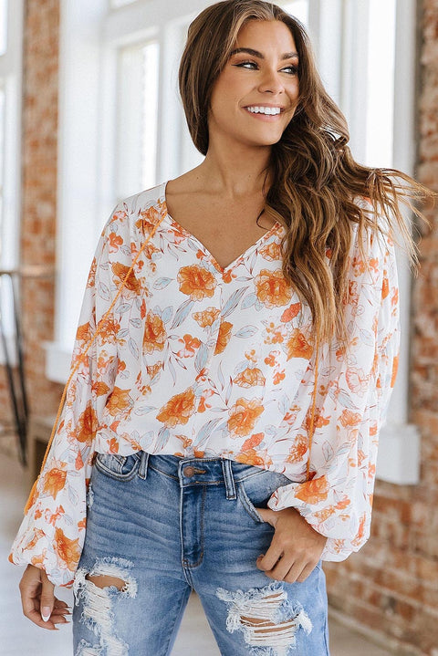 White Tassel Tie V Neck Bubble Sleeve Floral Blouse