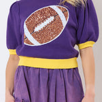 Purple Sequin Rugby Color Block Puff Short Sleeve Sweater