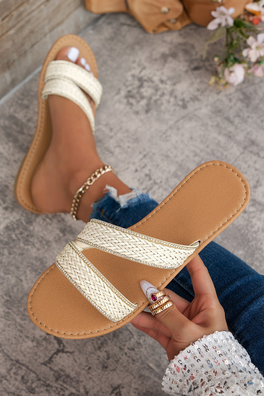 White Woven Straps PU Leather Flat Slippers