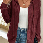 Red Dahlia Ribbed Zip Up Front Drawstring Hoodie