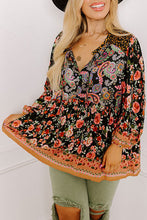 Black Plus Size Paisley Floral Print V Neck Bubble Sleeve Blouse