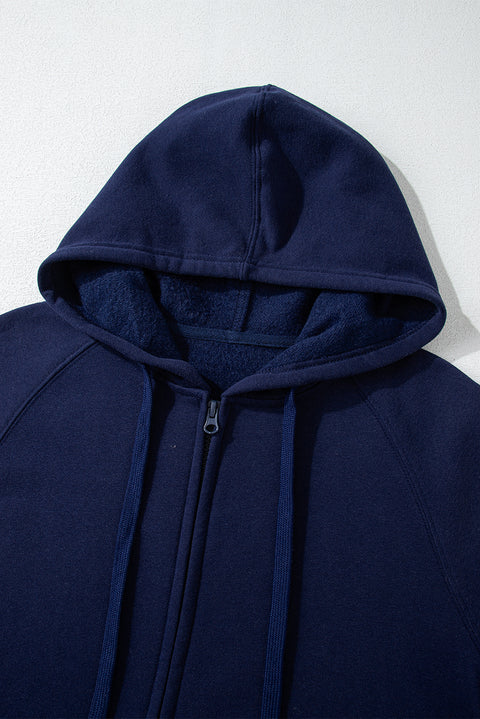 Navy Blue Solid Color Fleece Lined Zip up Hoodie