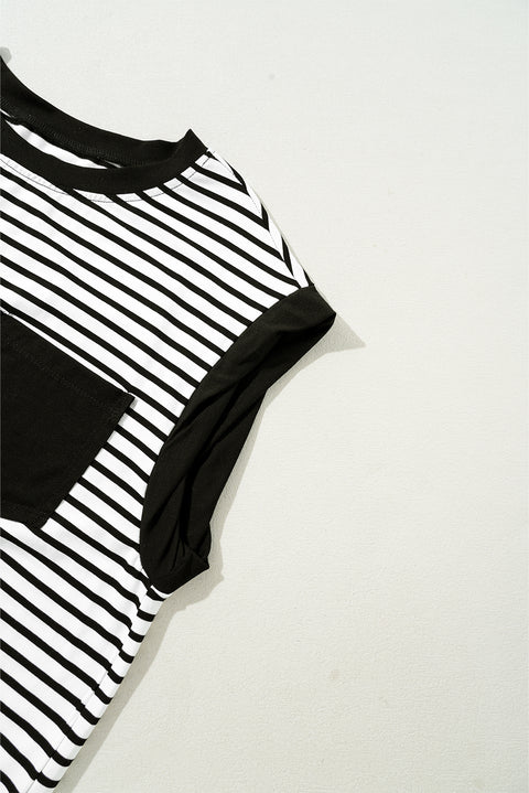 Black Stripe Chest Pocket Patch Round Neck Tank Top