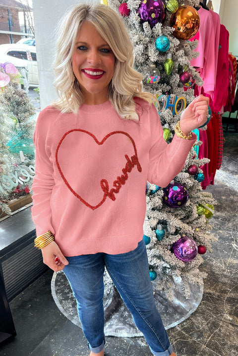 Pink Howdy Heart Graphic Round Neck Casual Sweater