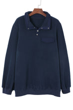 Blue Snap Buttons Pullover Plus Size Fleece Sweatshirt