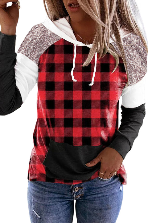 Sequined Splicing Plaid Kangaroo Pocket Hoodie