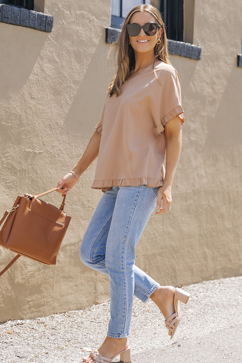 Khaki Ruffle Trim Short Sleeve Oversize Blouse