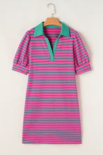 Pink Stripe Collared V Neck Puff Sleeve T Shirt Dress