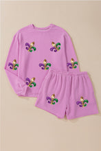 Phalaenopsis Mardi Gras Fleur de Lis Patched Corded Long Sleeve Top and Shorts