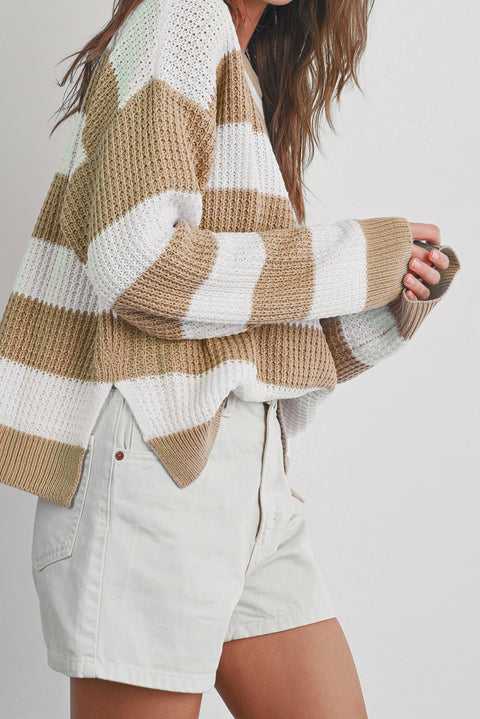 Light French Beige Colorblock Striped Drop Shoulder Side Slit Sweater