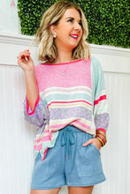 Pink Color Block Striped Three-Quarter Sleeve Knitted Top