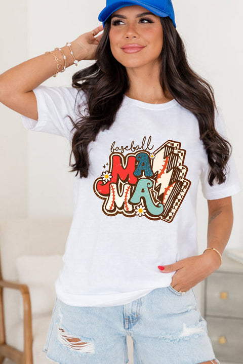 White MAMA Baseball Bolt Graphic T Shirt