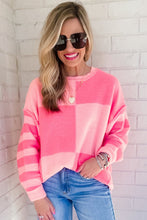 Pink Checkered Colorblock Striped High Low Loose Sweater