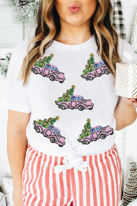 White Truck Christmas Trss Patched Pattern Crewneck Tee