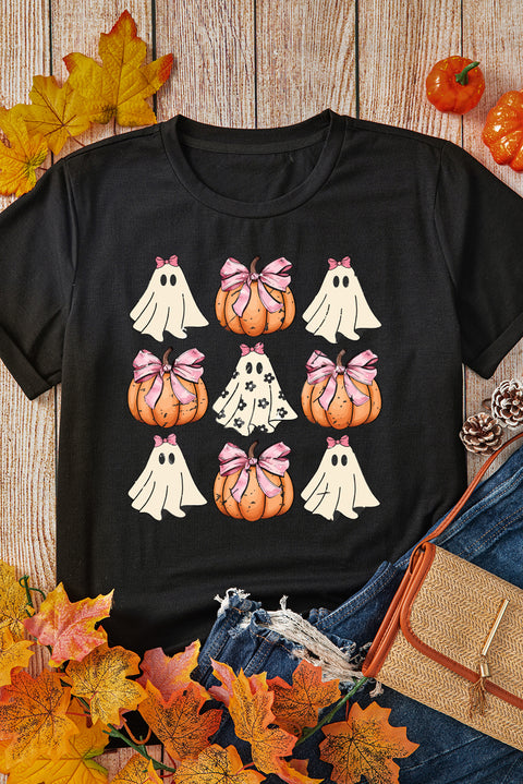 Black Bowknot Ghost Pumpkin Graphic Halloween T Shirt