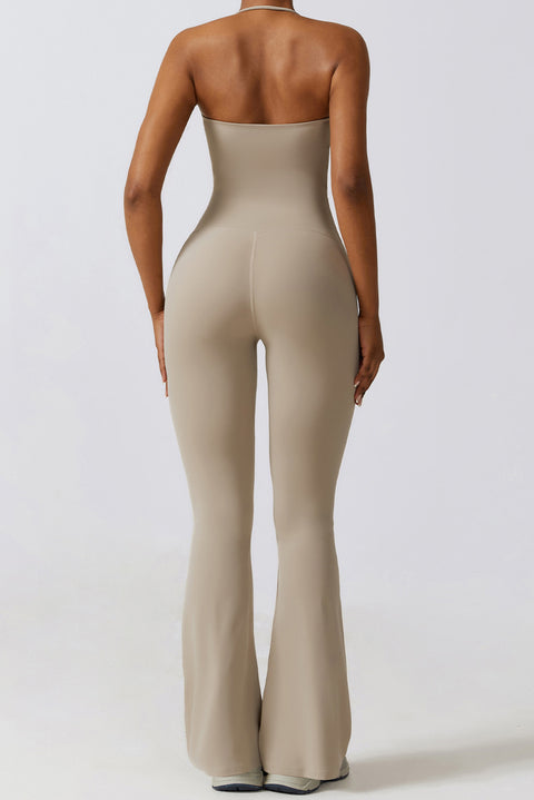 Smoke Gray Halter Flared Yoga Jumpsuit