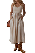 Beige Scoop Neck Ribbed Bodice Pleated Sleeveless Long Dress