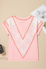 Light Pink Lace Patchwork Exposed Seam V Neck T Shirt