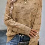 Pale Khaki Boat Neck Drop Shoulder Pointelle Knit Sweater