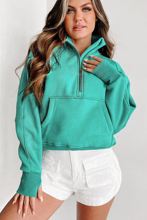 Sea Green Fleece Lined Zip Up Stand Collar Thumbhole Sleeve Sweatshirt