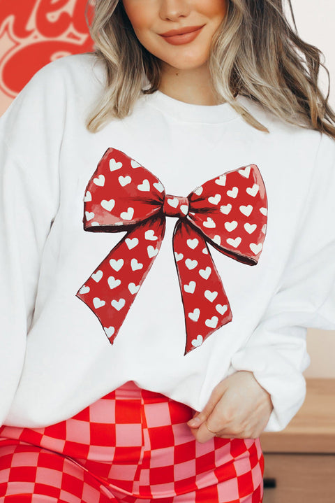 White Heart Bow Printed Round Neck Valentines Pullover Sweatshirt