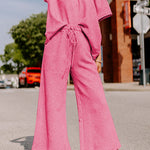 Strawberry Pink Textured Loose Fit T Shirt and Drawstring Pants Set