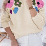 Beige Knitted Flower Pattern Ribbed Edge Sweater