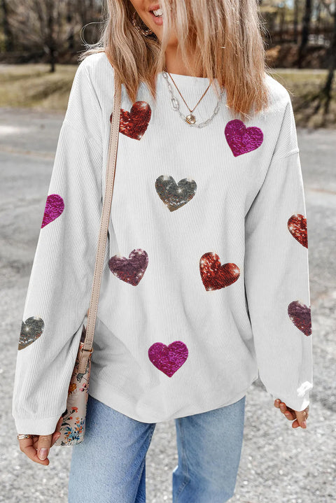 White Valentines Heart Patched Pattern Corded Pullover Sweatshirt