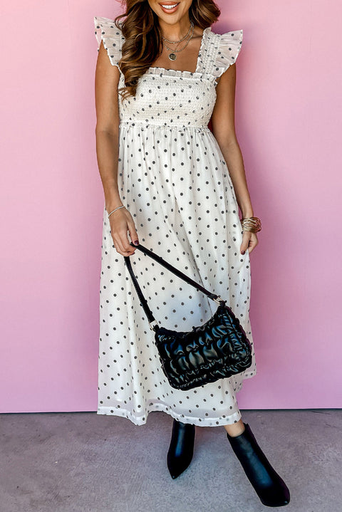 White Polka Dot Flutter Sleeve Square Neck Smocked Maxi Dress