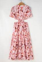 Pink Abstract Printed Flutter Sleeve Daring Cutout Long Dress