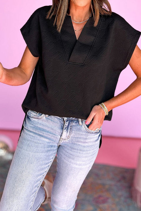 Black Textured V Neck Collared Short Sleeve Top