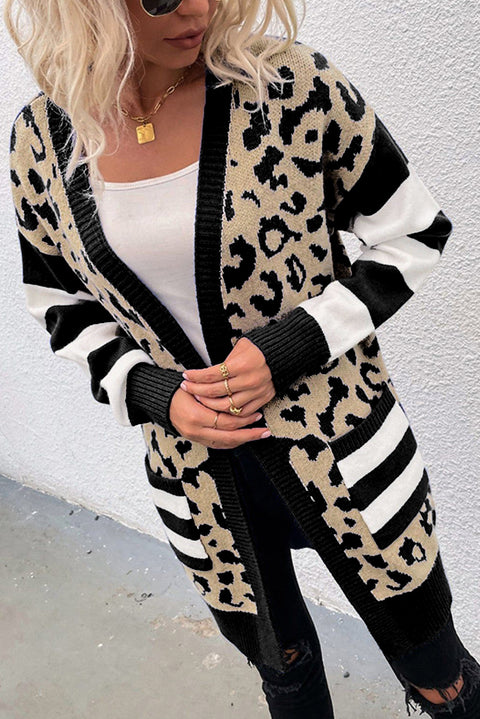 Black Stripe Sleeve Leopard Print Open Front Cardigan With Pockets