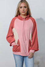 Pink Drawstring Pullover Pocketed Colorblock Sweatshirt