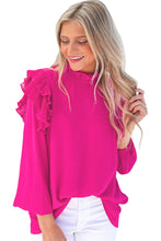 Rose Button Keyhole Back Pleated Ruffle Trim Blouse