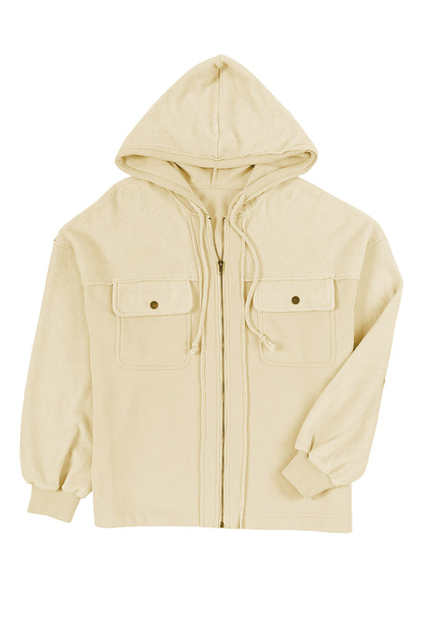 Green Flap Pocket Drawstring Hood Zip Up Jacket