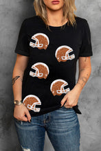 Black Sequin Rugby Football Helmet Graphic Crewneck T Shirt