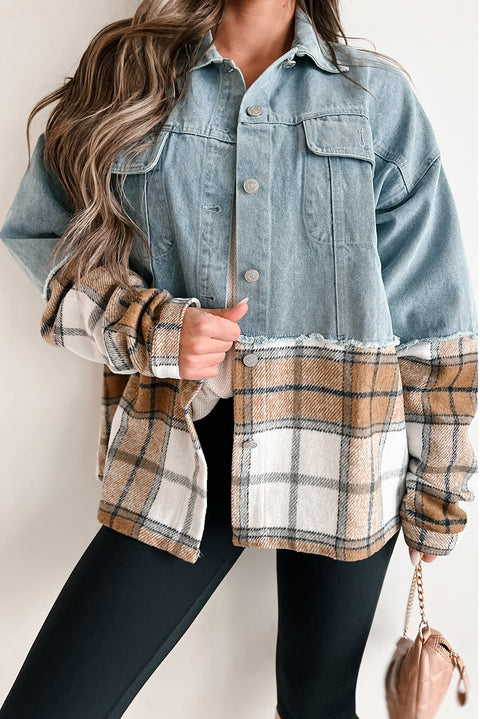 Khaki Plaid Patchwork Buttoned Oversized Denim Jacket