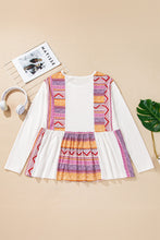 White Western Aztec Print Patchwork Ruffled Tunic Long Sleeve Babydoll Top