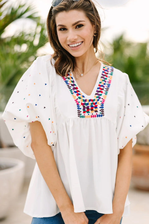 White Embroidered Puff Sleeve V Neck Blouse