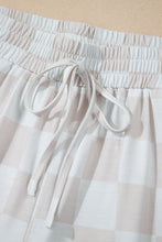 Beige Checkered V Neck Tee Drawstring Shorts Lounge Set