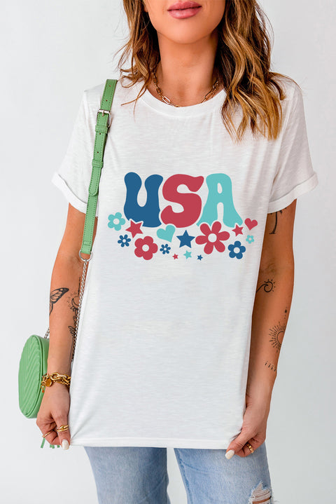 White USA Flower Graphic Tee