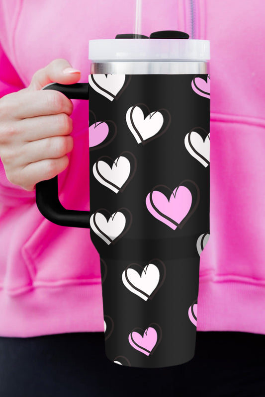 Black Valentines Heart Printed Thermos Cup with Handle