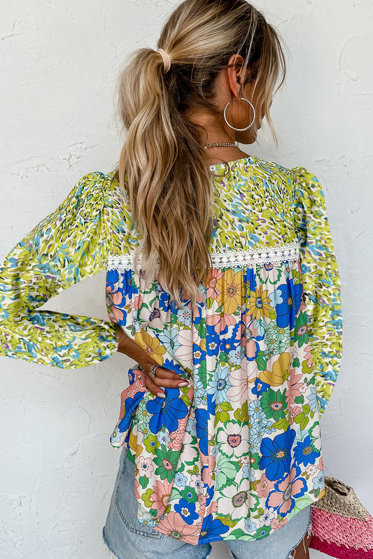 Green Mixed Floral Print Long Sleeve Blouse