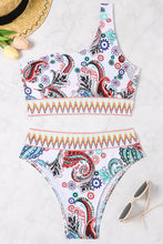 White Boho Paisley Contrast Trimmed One-shoulder Bikini