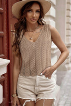 Pale Khaki Scalloped Hem V Neck Crochet Knit Vest