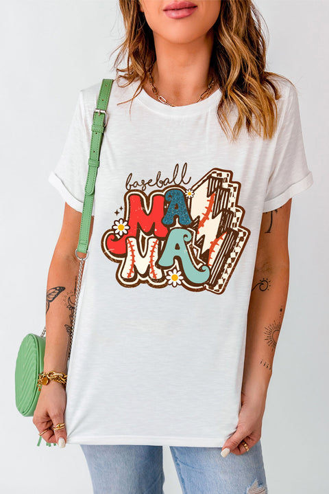 White MAMA Baseball Bolt Graphic T Shirt