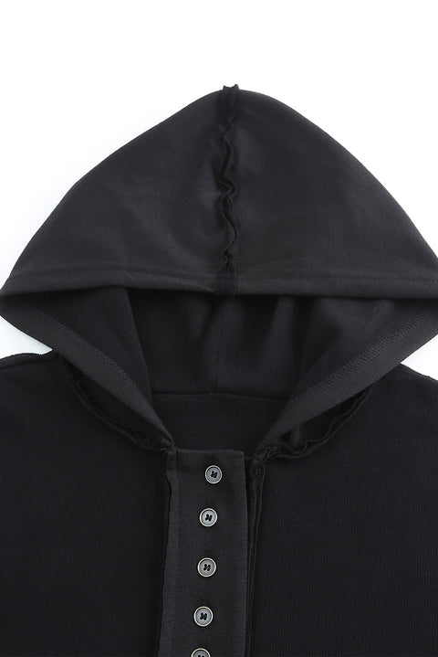 Casual Button Solid Patchwork Trim Hoodie