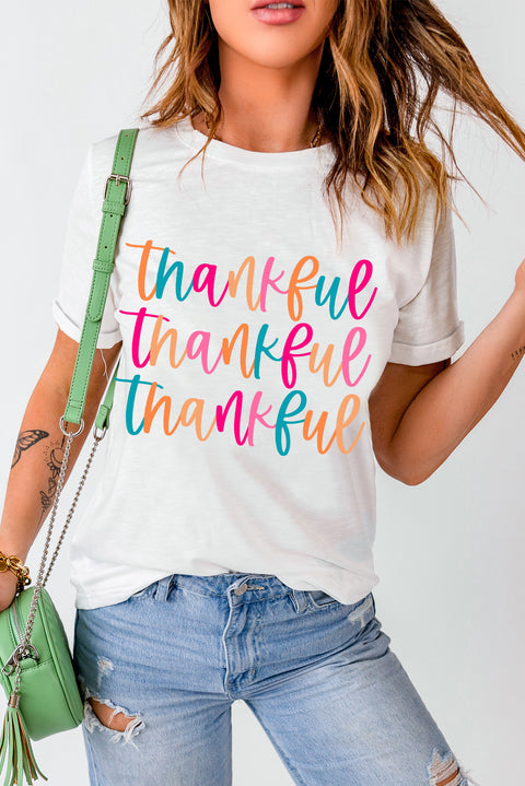 White Thankful Printed Crewneck Thanksgiving T Shirt