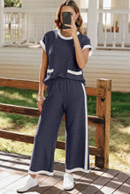 Navy Blue Color Block Pocketed T Shirt and Wide Leg Pants Set